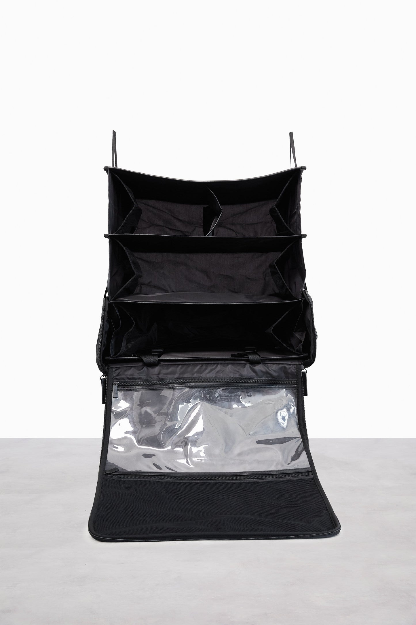 Hanging Duffle Black Shelves Zipped Open